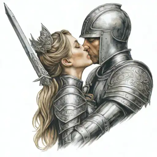Medieval knight kissing valkyrie warrior woman tattoo design idea