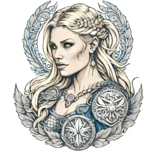 Beautiful norse viking valkyrie with blonde hair blue eyes tattoos big breast tattoo design idea