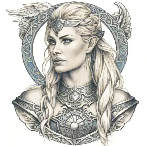 norse valkyrie maiden with blonde hair blue eyes tattoo design idea