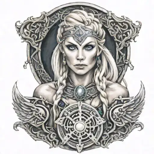 Beautiful norse viking valkyrie shield maiden with blonde hair blue eyes tattoos chains and skulls tattoo design idea