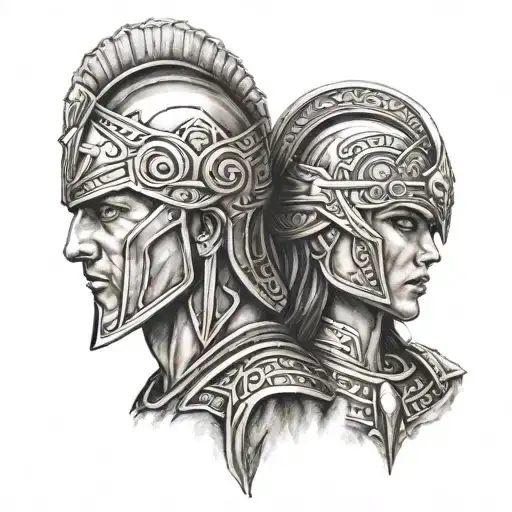 spartan warrior kissing valkyrie warrior woman tattoo design idea