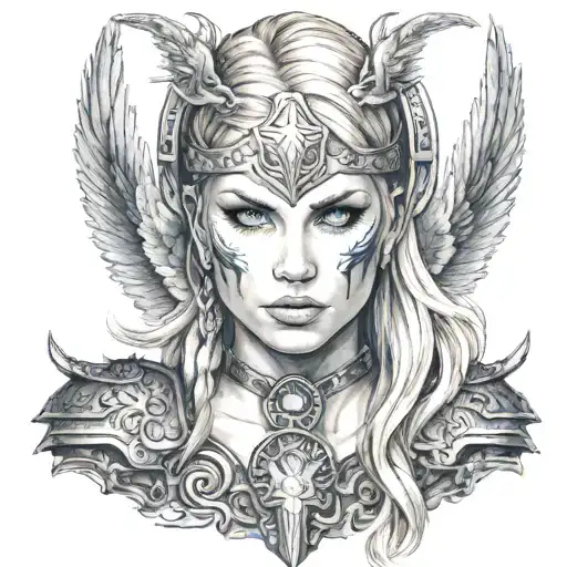 Beautiful norse valkyrie with blonde hair blue eyes tattoo design idea