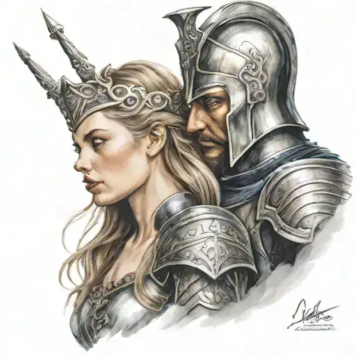 Medieval knight kissing valkyrie warrior woman tattoo design idea