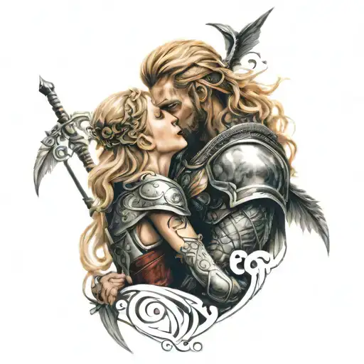 spartan male warrior kissing norse valkyrie blonde hair tattoo design idea