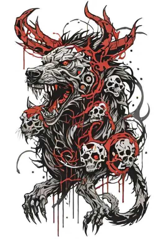 Fenrir with skulls in a forest background tattoo design idea