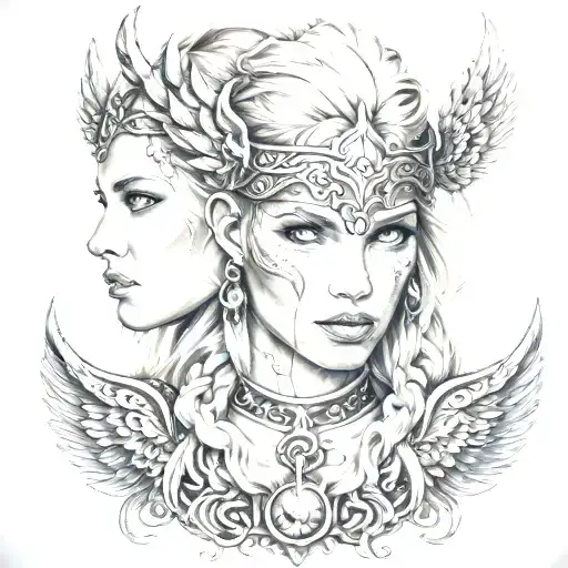 Beautiful norse viking valkyrie with blonde hair blue eyes tattoos chains and skulls tattoo design idea