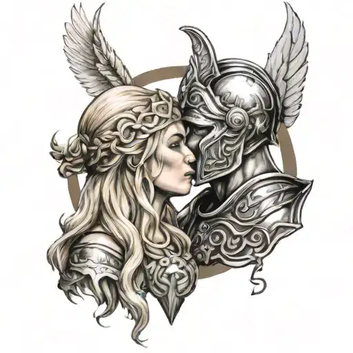 spartan male warrior kissing norse valkyrie blonde hair tattoo design idea