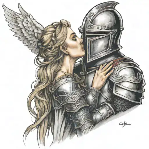 Medieval knight kissing valkyrie warrior woman tattoo design idea