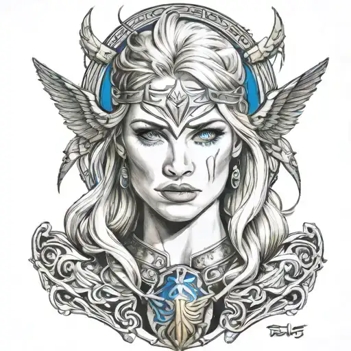 Beautiful norse valkyrie with blonde hair blue eyes tattoo design idea