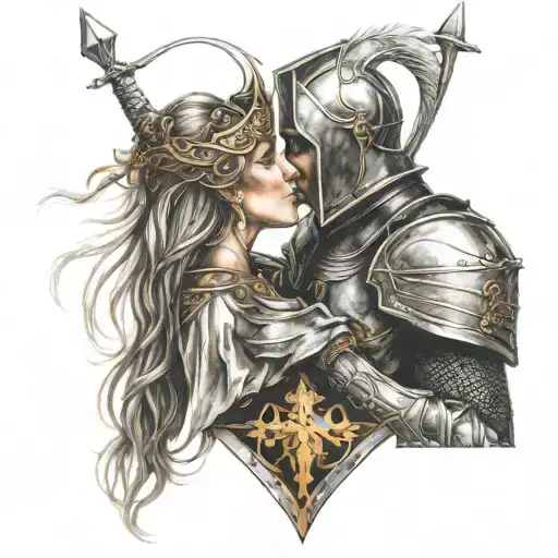 Medieval knight kissing valkyrie warrior woman tattoo design idea