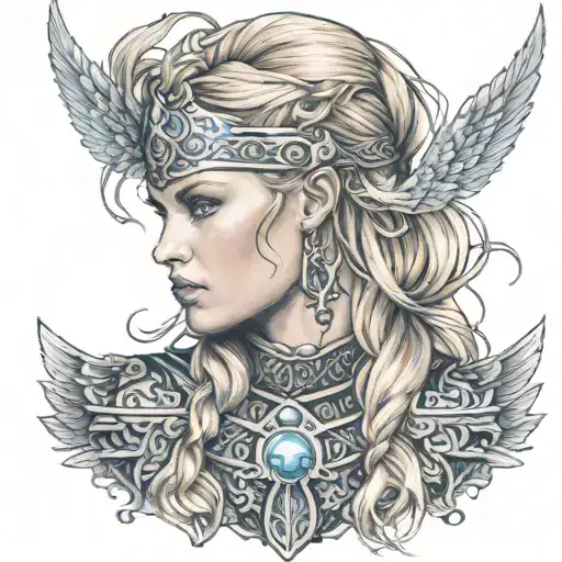 Beautiful norse viking valkyrie with blonde hair blue eyes tattoos tattoo design idea