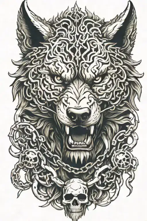 Fenrir with chains and skulls forest background tattoo design idea