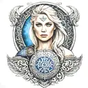 Beautiful norse viking valkyrie shield maiden with blonde hair blue eyes tattoo design idea