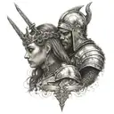 Medieval knight kissing valkyrie warrior woman tattoo design idea