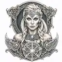 Beautiful norse viking valkyrie shield maiden with blonde hair blue eyes tattoos chains and skulls tattoo design idea