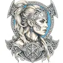 Beautiful norse viking valkyrie shield maiden with blonde hair blue eyes tattoos chains and skulls tattoo design idea