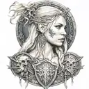 Beautiful norse viking valkyrie shield maiden with blonde hair blue eyes tattoos chains and skulls tattoo design idea