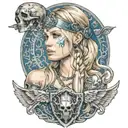 Beautiful norse viking valkyrie shield maiden with blonde hair blue eyes tattoos chains and skulls tattoo design idea