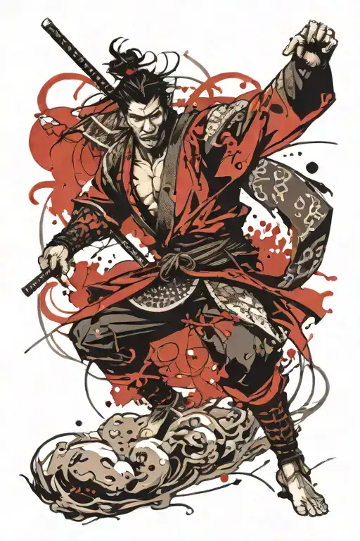 samurai fighting a dragon wrapped tattoo design idea