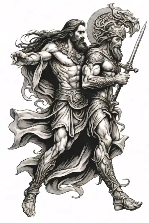 A tattoo design combining elements of Christianity and Norse mythology, depicting a battle between Jesus Christ and Zeus in a black-grey style tattoo design idea
