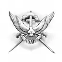 Christian Cross, john 3:16, family, clouds, dove, feathers, lead us not into temptation but deliver us from evil tattoo design idea