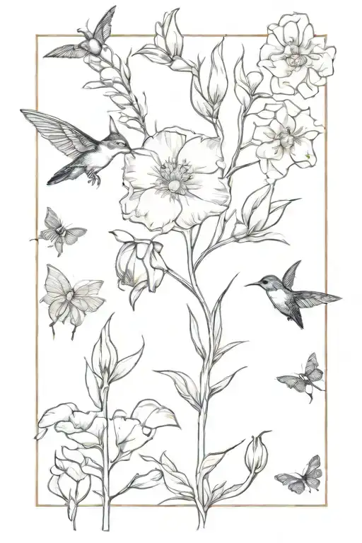 honey suckle gladiolus peony snowdrop poppy flowers bee hummingbird lady bug  tattoo design idea
