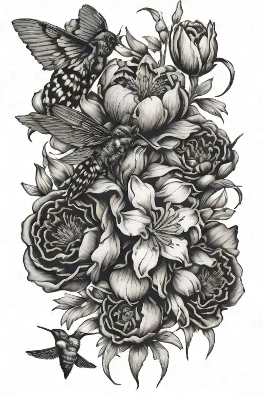 honey suckle gladiolus peony snowdrop poppy flowers bee hummingbird lady bug  tattoo design idea