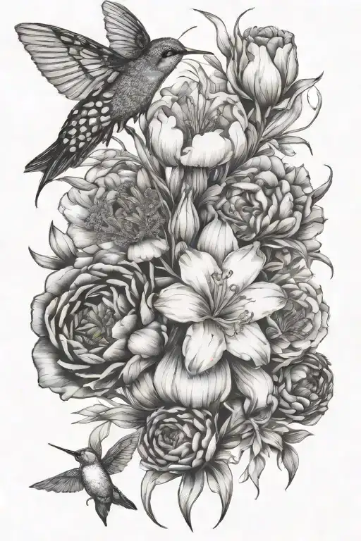 honey suckle gladiolus peony snowdrop poppy flowers bee hummingbird lady bug  tattoo design idea