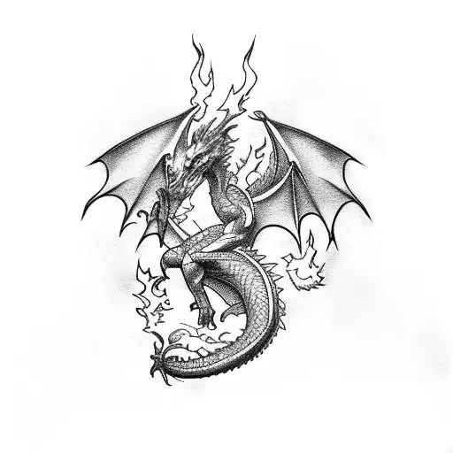 Dragon in a sports uniform with anime-style flames tattoo design idea