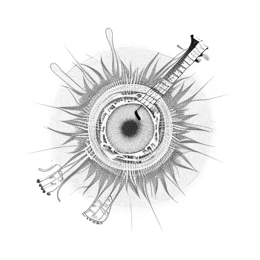 A guitar made out of intertwined willow branches, surrounded by blooming sunflowers tattoo design idea