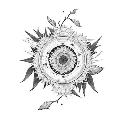 A guitar made out of intertwined willow branches, surrounded by blooming sunflowers tattoo design idea