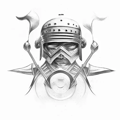 Tattoo where gladiator holding his crying helmet with spear or sword but his face is smilling tattoo design idea