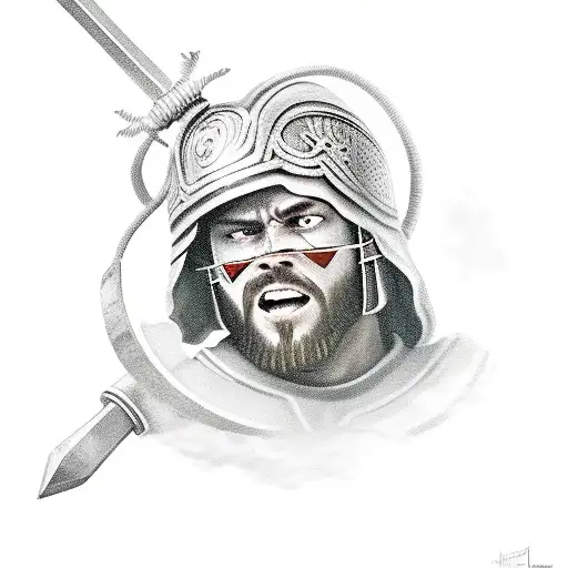 gladiator holding his crying helmet with spear or sword but his face is smilling tattoo design idea