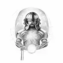 Tattoo where gladiator holding his crying helmet with spear or sword but his face is smilling tattoo design idea