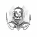 Tattoo where gladiator holding his crying helmet with spear or sword but his face is smilling tattoo design idea