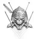 Tattoo where gladiator holding his crying helmet with spear or sword but his face is smilling tattoo design idea