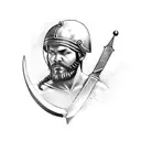 Tattoo where gladiator holding his crying helmet with spear or sword but his face is smilling tattoo design idea