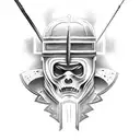 Tattoo where gladiator holding his crying helmet with spear or sword but his face is smilling tattoo design idea