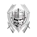 gladiator holding his crying helmet with spear or sword but his face is smilling tattoo design idea