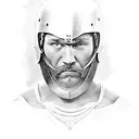 gladiator holding his crying helmet with spear or sword but his face is smilling tattoo design idea