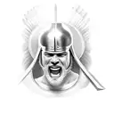 gladiator holding his crying helmet with spear or sword but his face is smilling tattoo design idea