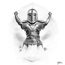 gladiator holding his crying helmet with spear or sword but his face is smilling tattoo design idea