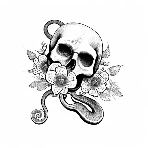 snake in figure 8 with skull and flowers  tattoo design idea