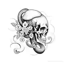 snake in figure 8 with skull and flowers  tattoo design idea