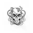 snake in figure 8 with skull and flowers  tattoo design idea