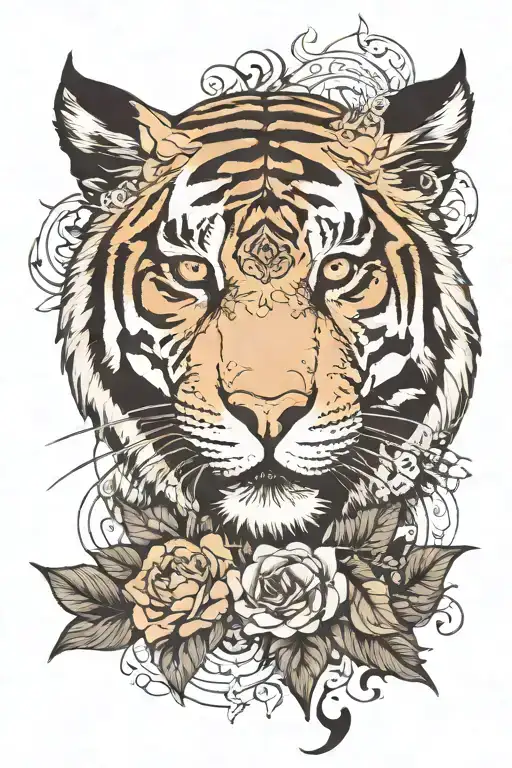 Tiger face, raven, bael leaf intertwined, libra sodiac sign tattoo design idea