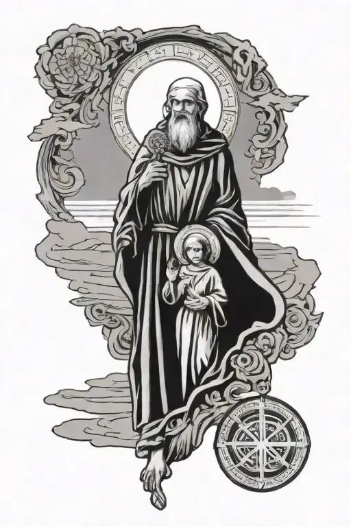 Christian saint benedict medal, father and daughter silhouette on the beach tattoo design idea