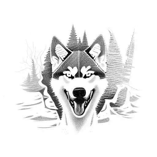 A dotwork illustration of a husky chasing a classic mustang through a forest tattoo design idea