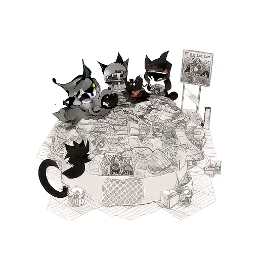 a pokemon tatto, with mew , gengar and giratina tattoo design idea