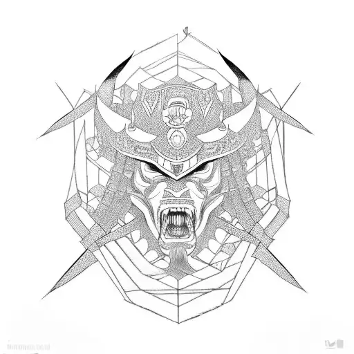 Intricate geometric patterns intertwined with samurai armor tattoo design idea